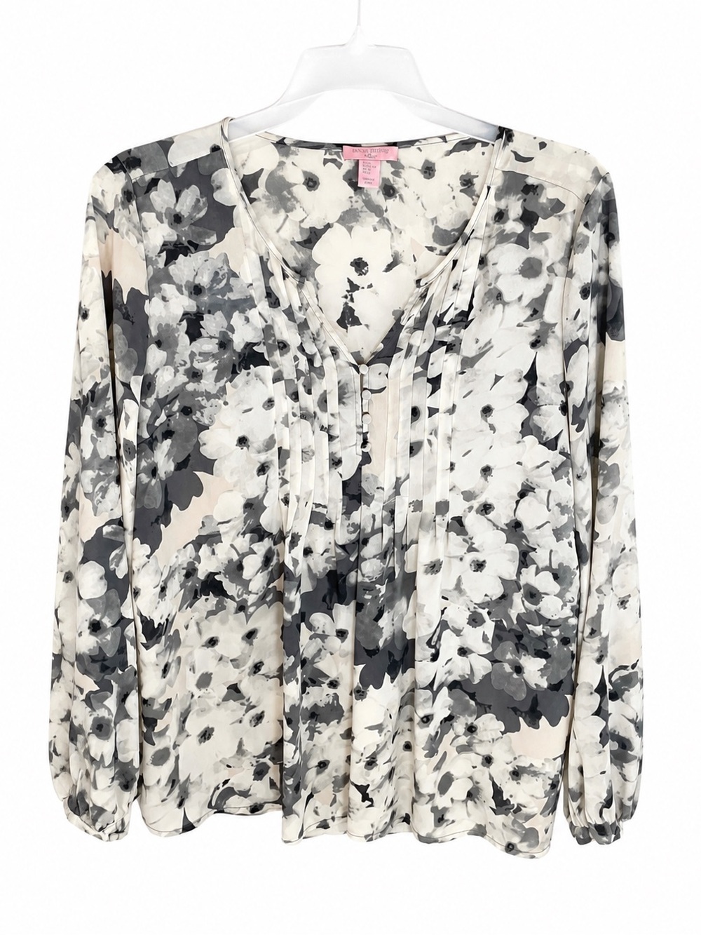 Saint Tropez West Black Cream Floral Pintuck Pleated Blouse Size 16